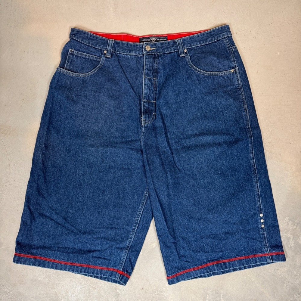 Vintage Pureplayaz Baggy Denim Shorts Mens 40 Blue Red Stitch Hip Hop Y2K 90s